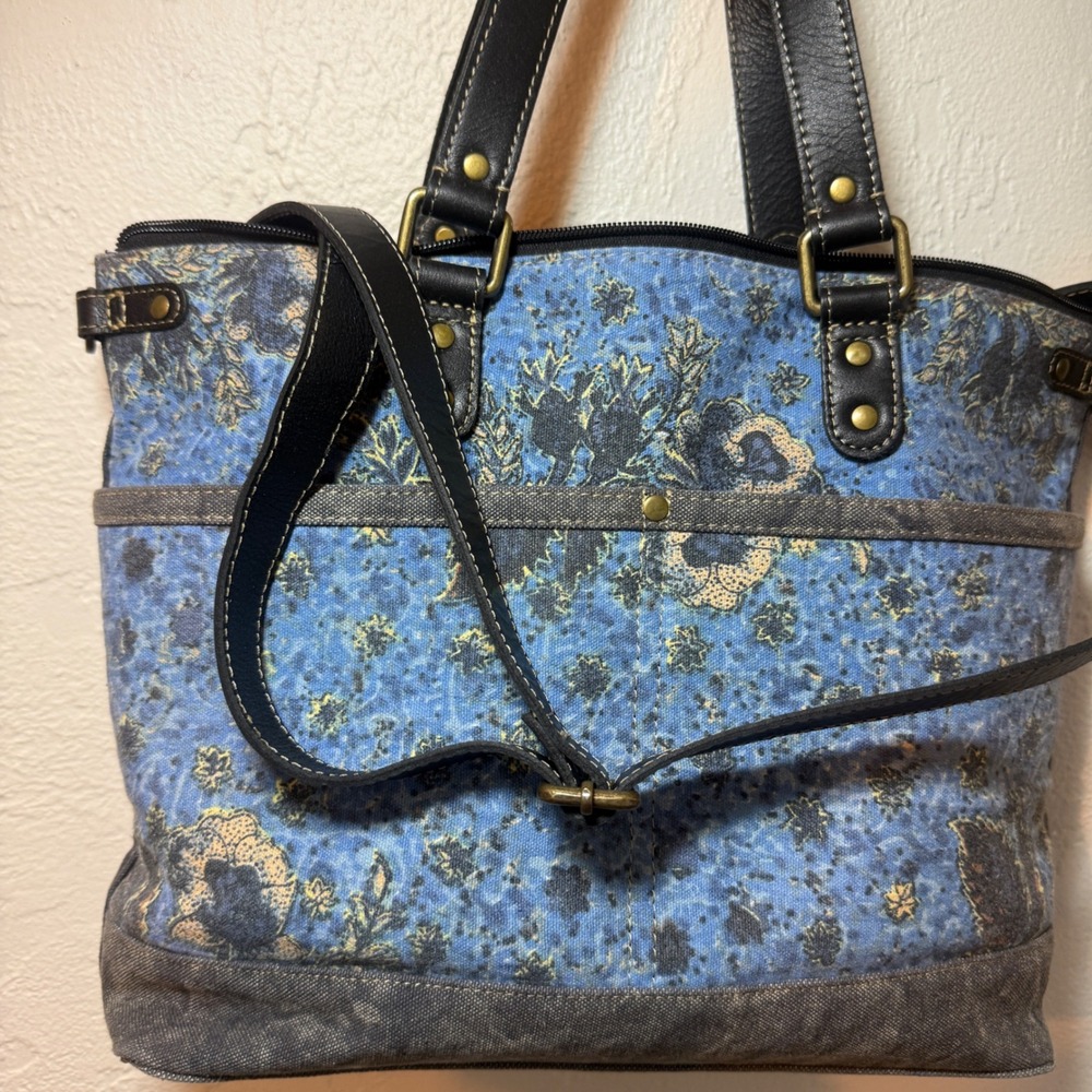 Myra Bag Blue Floral Canvas Tote Leather Trim Shoulder Bag Vintage Style